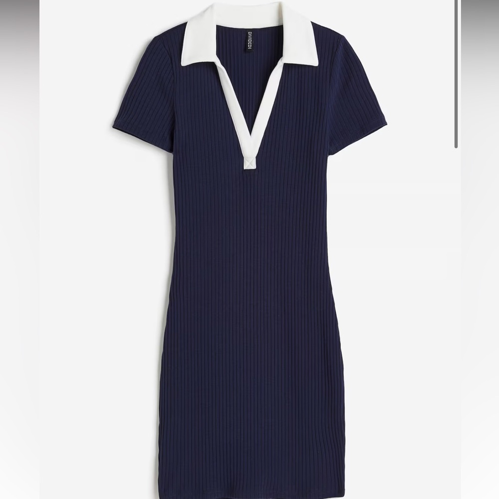 Ribbed Polo V-Neck Dress with Collar - Navy